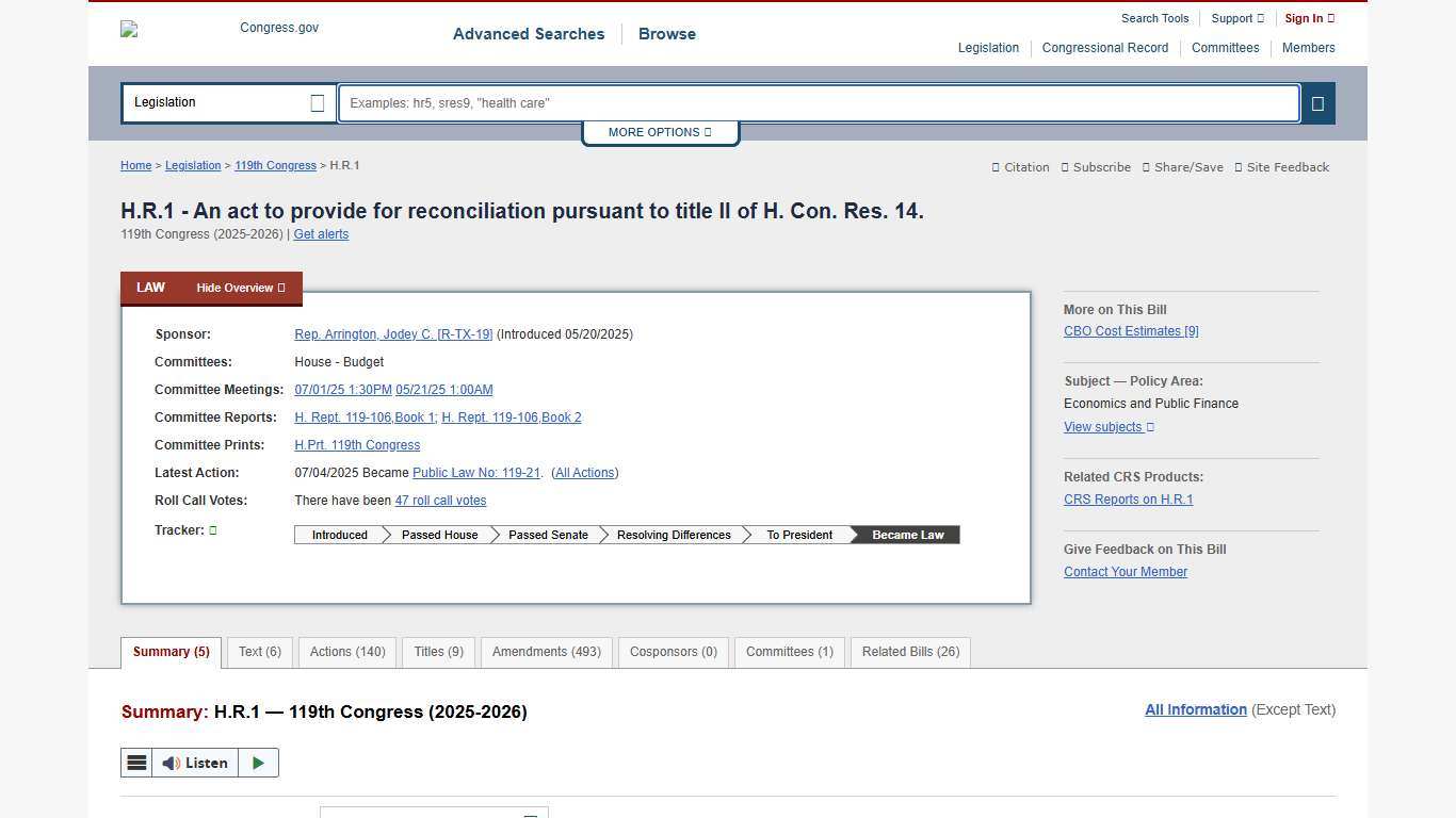 H.R.1 - 119th Congress (2025-2026): An act to provide for reconciliation pursuant to title II of H. Con. Res. 14. | Congress.gov | Library of Congress
